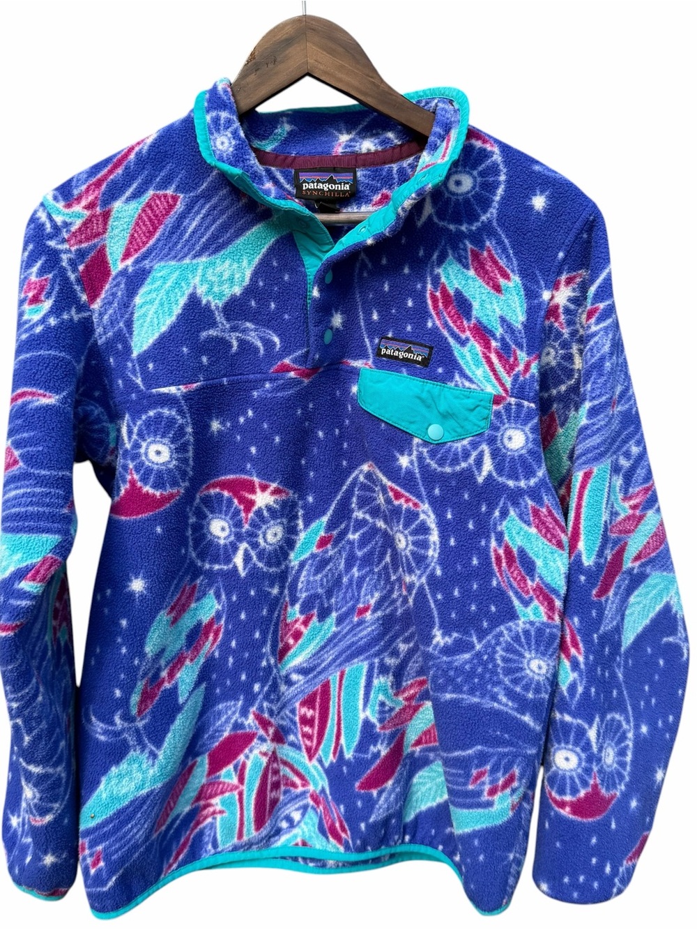 Patagonia Blue Multicolor Owl Print Teddy Fleece Pullover - Picture 2 of 10